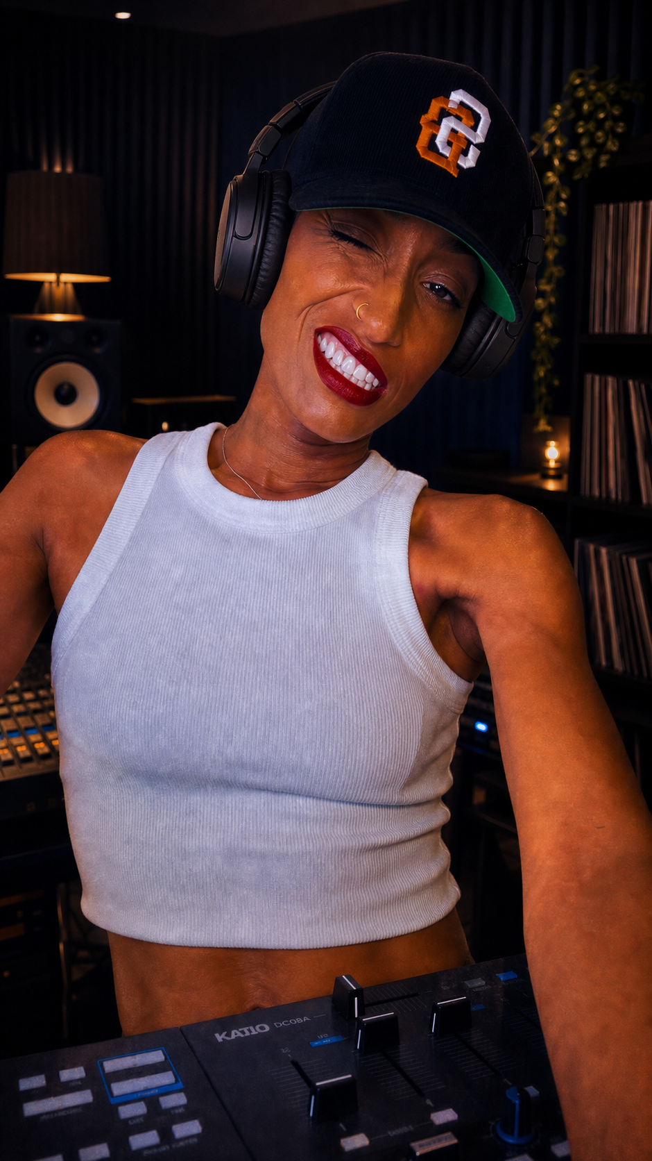 DJ Alana Indigo in a dark recording studio